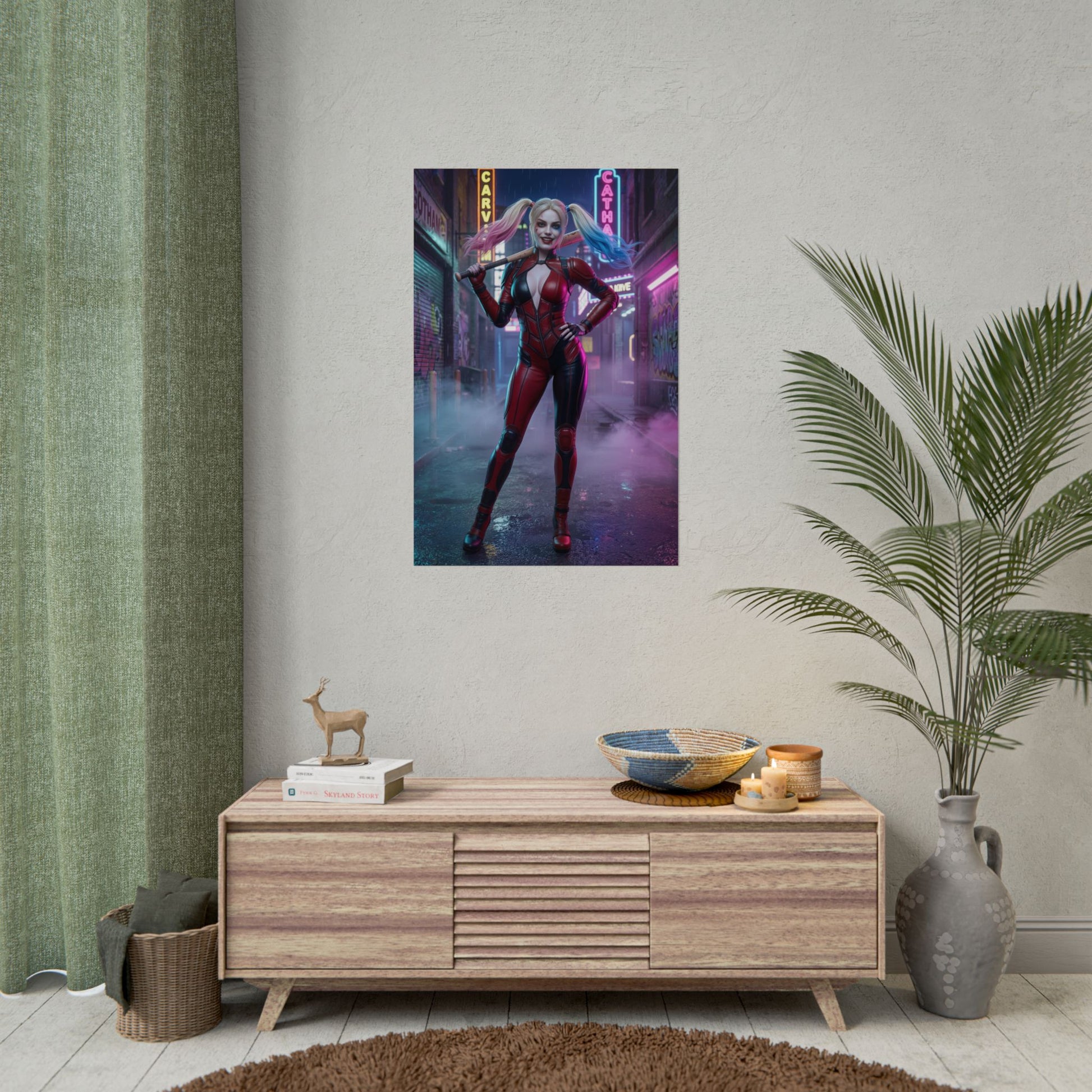 Harley Quinn Poster, DC Comics Wall Art Print – Comic Decor showing colorful high-res poster in modern living room