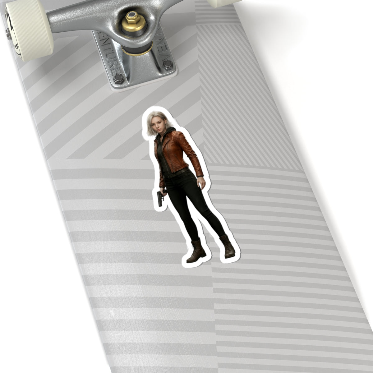 Grace Ashcroft Sticker, Resident Evil Sticker, Laptop Decal, Gift for Gamer - vinyl character decal on skateboard showing Grace Ashcroft in brown jacket