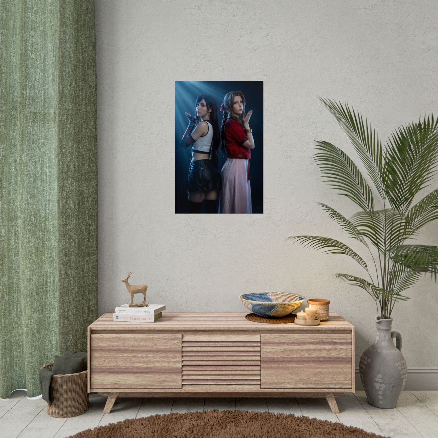 Tifa Lockhart and Aerith Poster – Iconic RPG Heroines Wall Art Decor hanging in modern living room with vivid high-resolution print