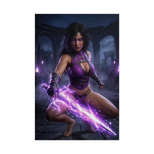 Mileena Poster Mortal Kombat Wall Art Print Dark Fantasy Decor featuring cinematic close combat pose, glowing purple energy weapon, shadowy arena intensity