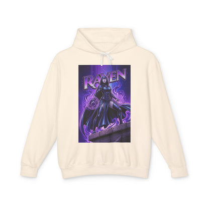 Raven Hoodie | DC Superhero Hoodie | Dark Magic Empress Pullover featuring Raven graphic on cream cotton hoodie with purple arcane design