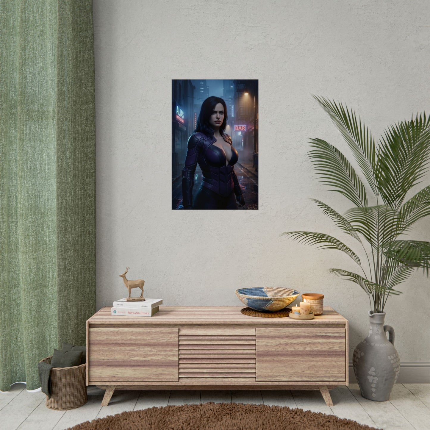 Jessica Jones Poster, Marvel Wall Art Print – Dark Hero Decor hanging in modern media room, dark superhero wall art for gamer setup