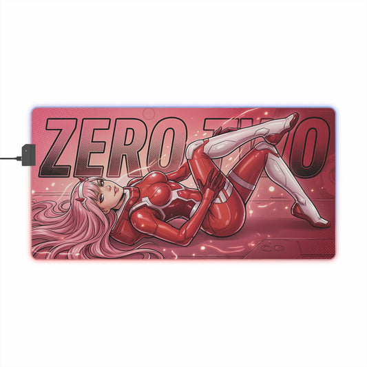 Zero Two RGB Desk Mat, Anime Gaming Mouse Pad, LED Desk Mat for Gamer Setup featuring reclining red-suited character and RGB edge lighting