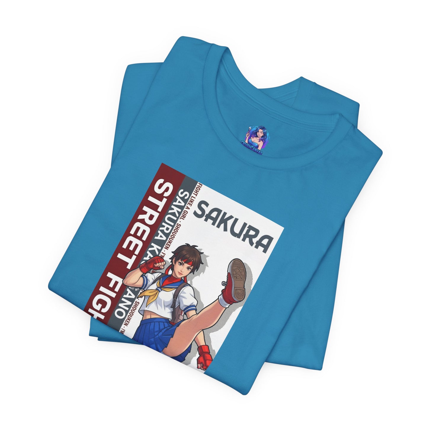 Sakura Kasugano T-Shirt | Street Fighter Anime Tee for Gamers & Fighting Game Fans - blue Bella Canvas tee with dynamic Sakura illustration