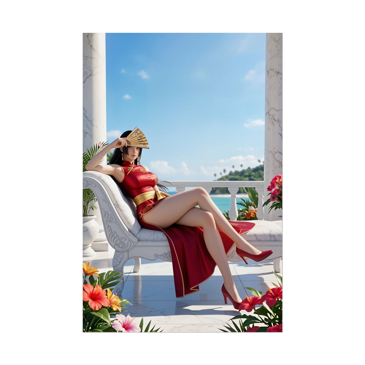 Boa Hancock Poster, One Piece Art Print – Anime Heroine Wall Art showing Boa Hancock reclining on chaise in red dress by seaside