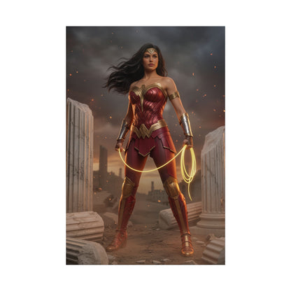 Wonder Woman Poster, DC Comics Art Print – Iconic Hero Wall Decor showing Wonder Woman in armor with glowing lasso amid ruined pillars