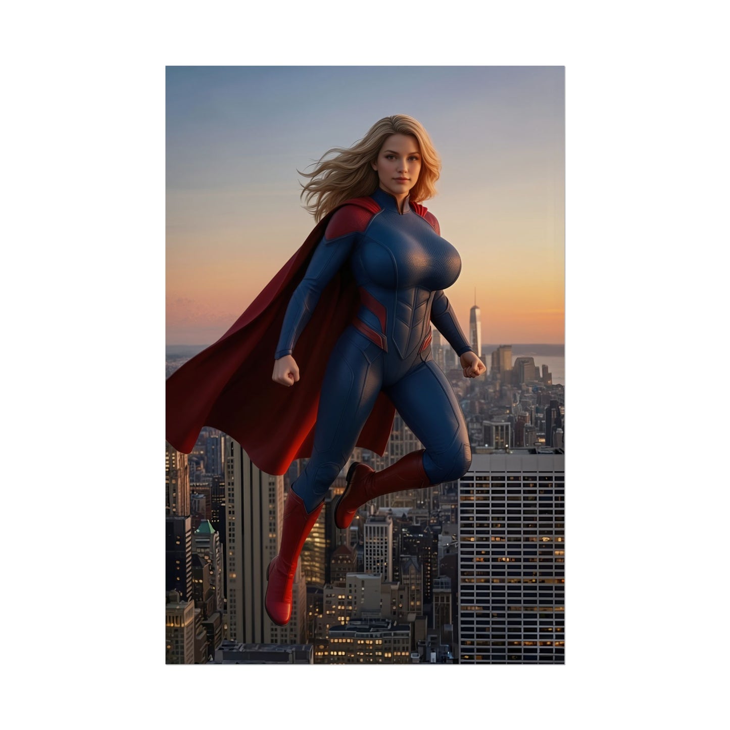 Supergirl Poster, DC Comics Art Print – Superhero Wall Art depicting Supergirl in blue suit and red cape flying above a city skyline at sunset