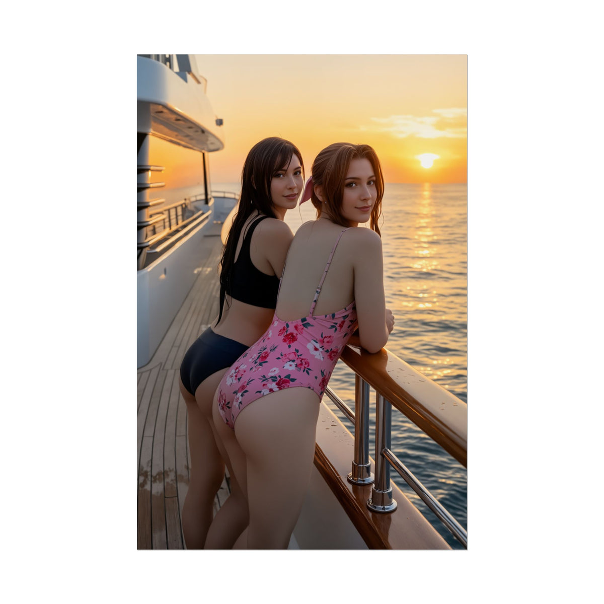 Tifa and Aerith Poster, Final Fantasy Art Print  Iconic RPG Heroines art print showing two heroines on a yacht at sunset, vibrant colors and high-resolution detail