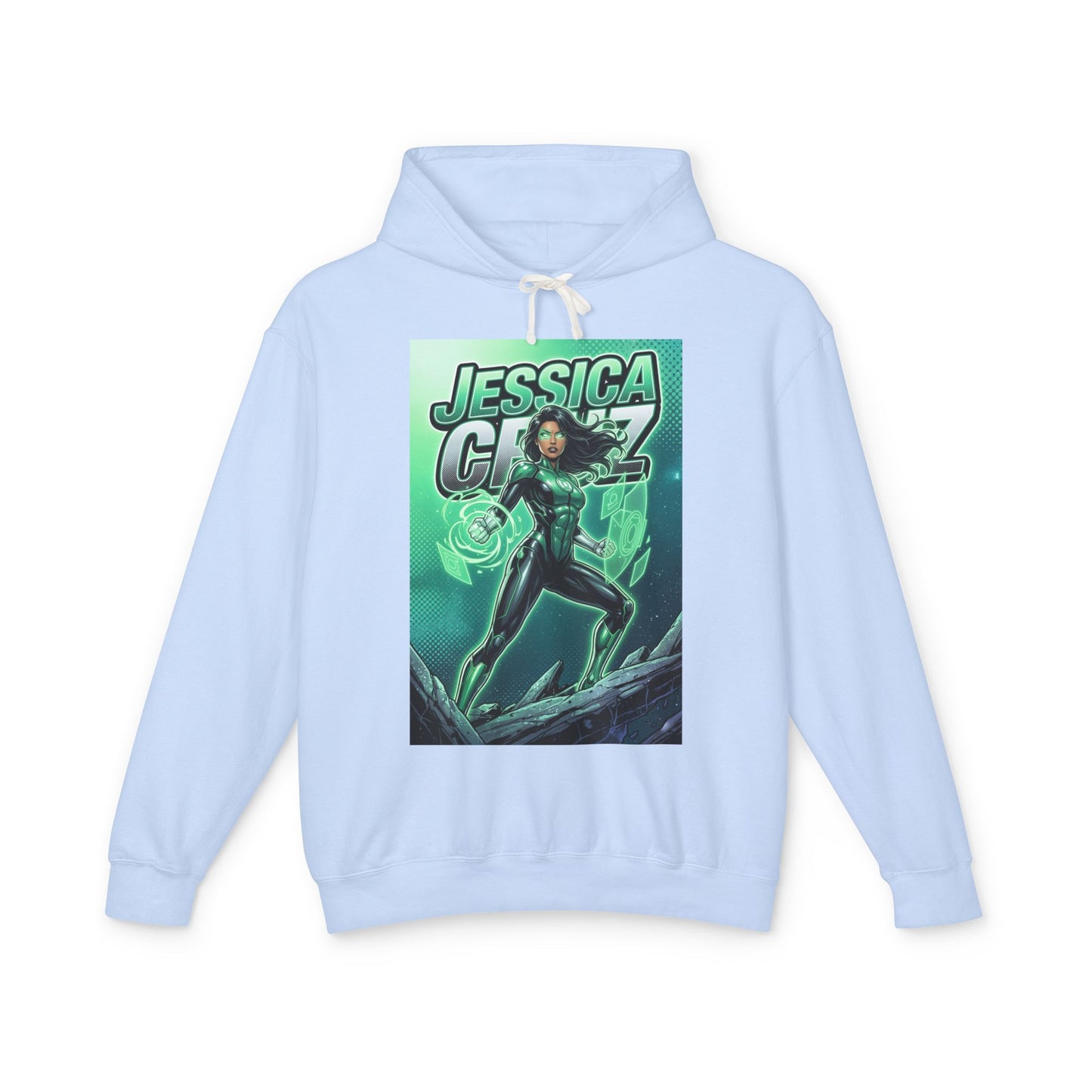 Jessica Cruz Hoodie | Green Lantern Hoodie | DC Superhero Pullover — light blue pullover featuring Jessica Cruz green energy graphic