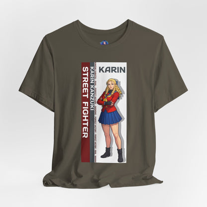 Karin Kanzuki T-Shirt | Street Fighter Anime Tee for Gamers & Fighting Game Fans - premium Bella Canvas tee featuring Karin portrait and elegant fighter stance