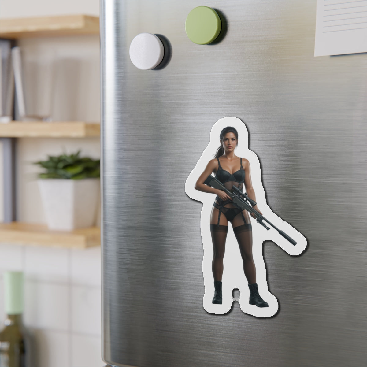 Quiet Magnet – Metal Gear Solid V Fridge Magnet, Game Character Decor die-cut vinyl fridge magnet showing Quiet holding a rifle in anime-style artwork