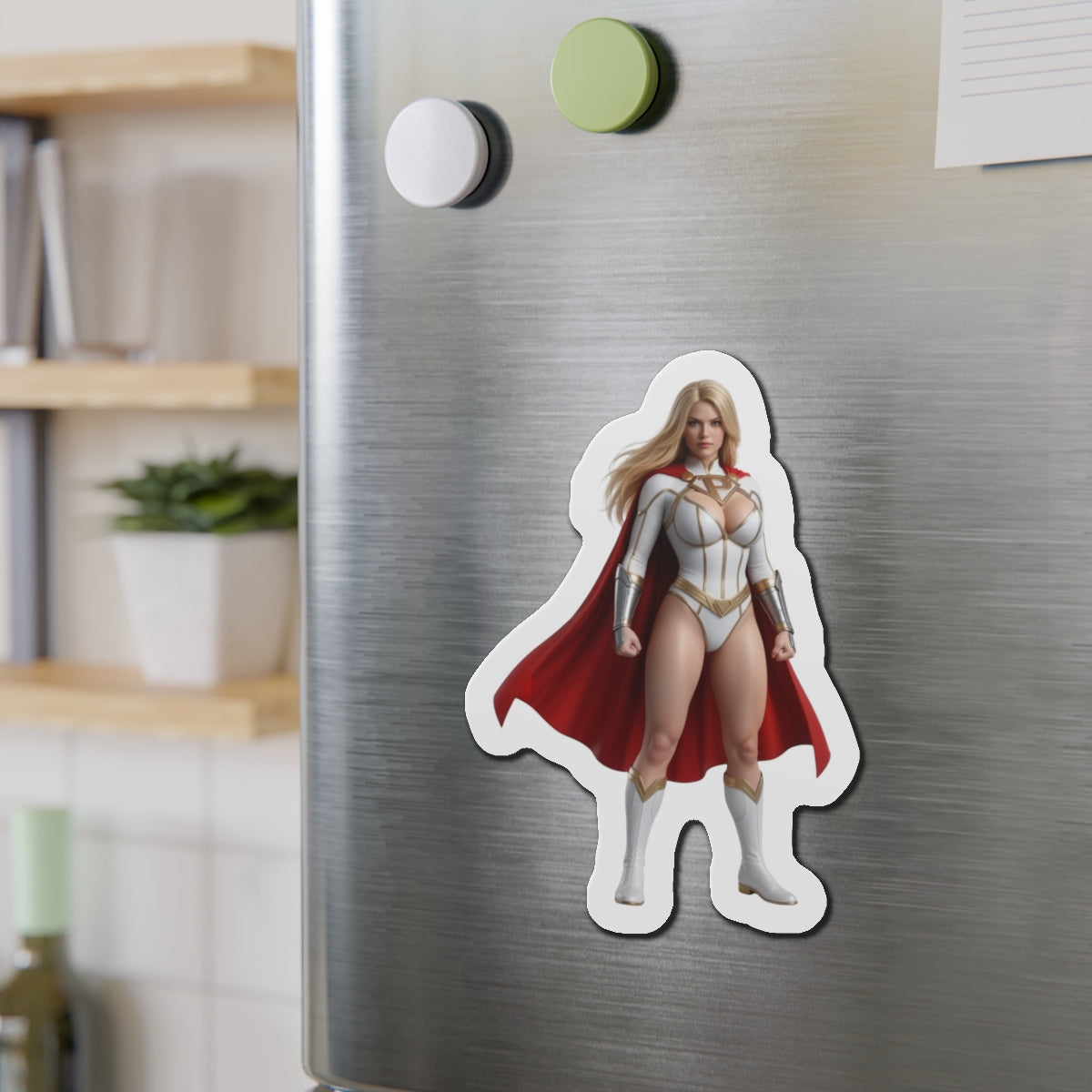 Power Girl Magnet – DC Comic Heroine Fridge Magnet, Anime Style Decor — die-cut vinyl fridge magnet showing anime-style Power Girl with red cape