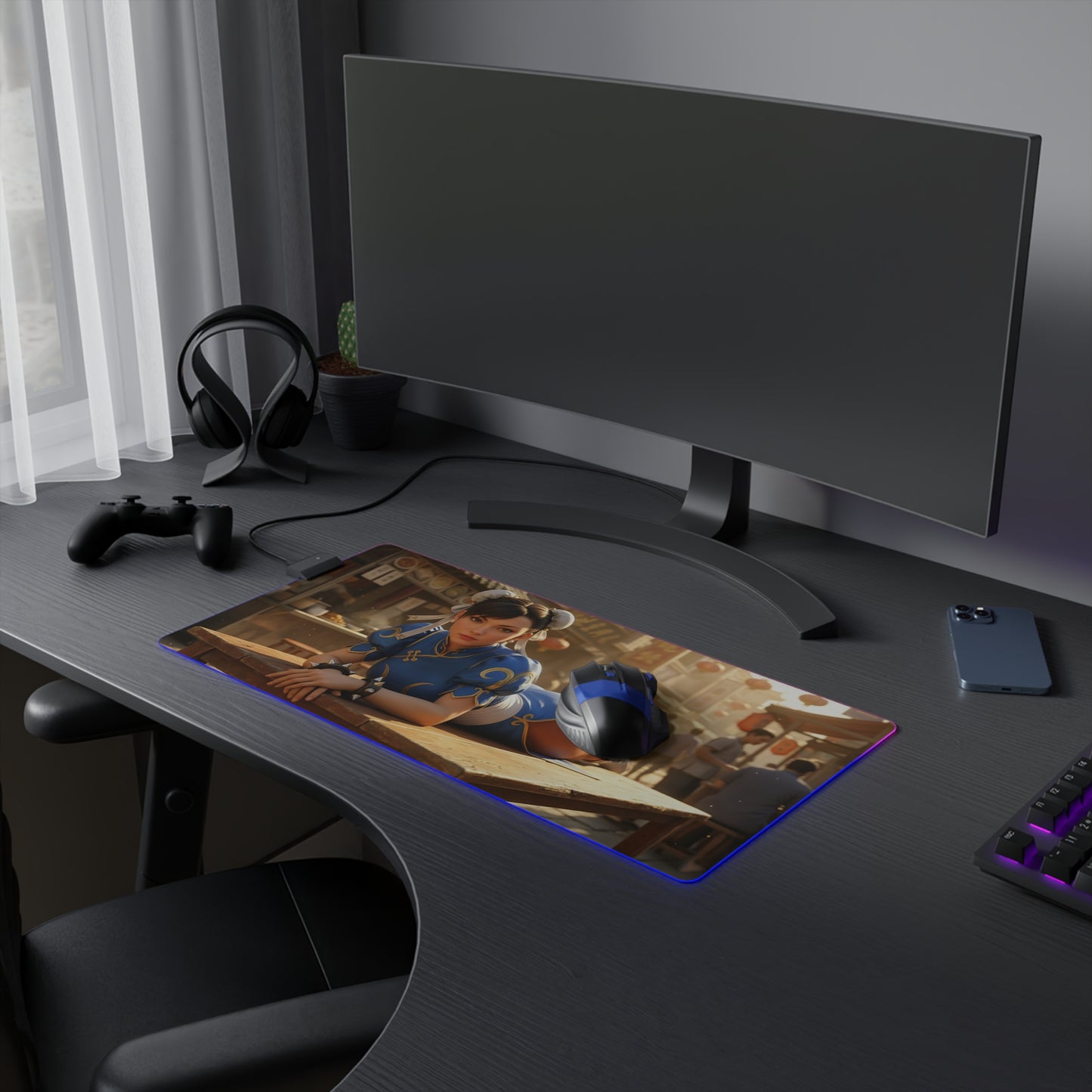 Chun-Li Desk Mat – LED RGB Pad, Waifu Fighter Anime Girl Setup on gaming desk with Chun-Li art and RGB edge, smooth precision-cloth surface