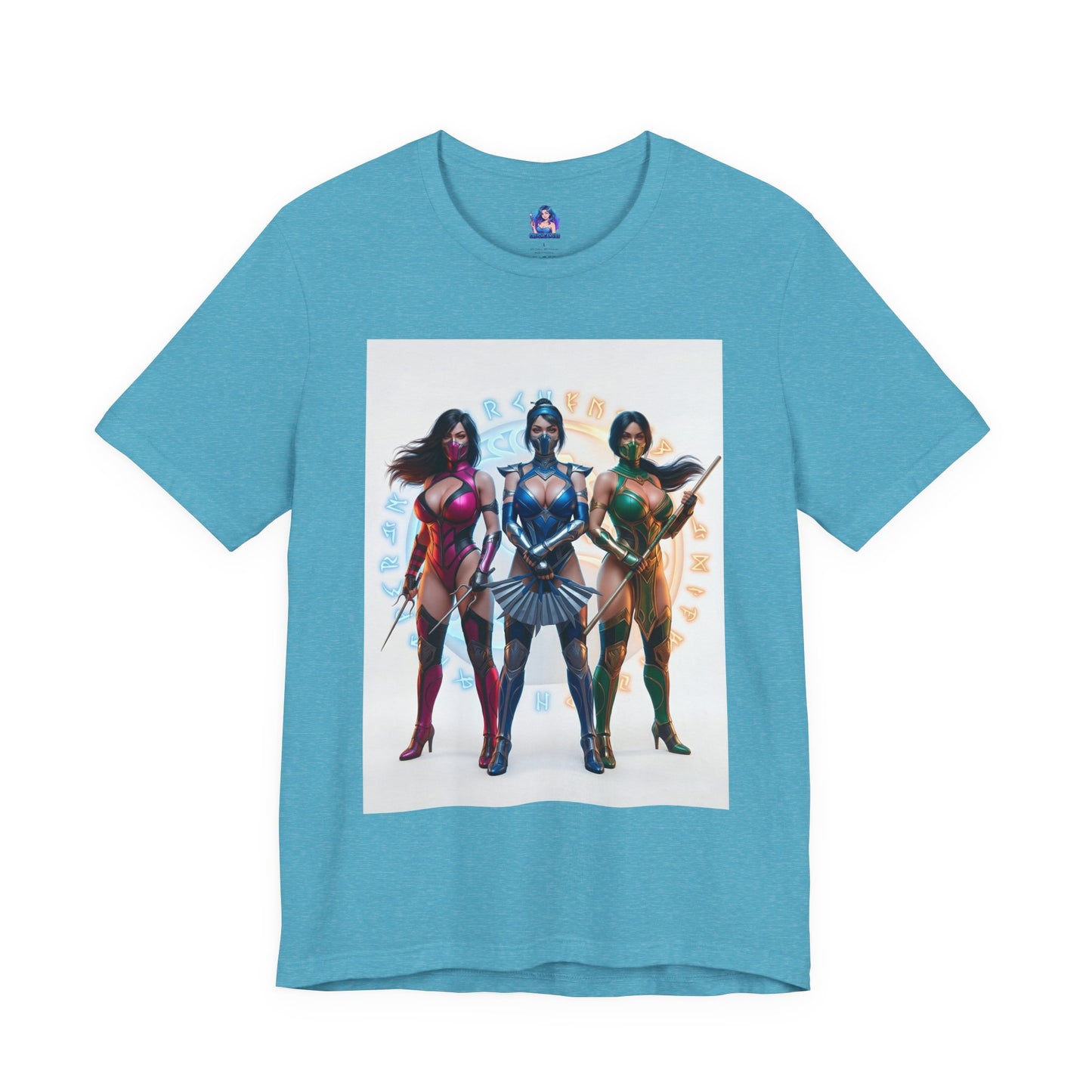 Kitana Jade and Mileena T-Shirt | Mortal Kombat Anime Tee for Gamers & Fans — anime-style trio print on turquoise Bella canvas tee