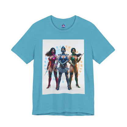 Kitana Jade and Mileena T-Shirt | Mortal Kombat Anime Tee for Gamers & Fans — anime-style trio print on turquoise Bella canvas tee