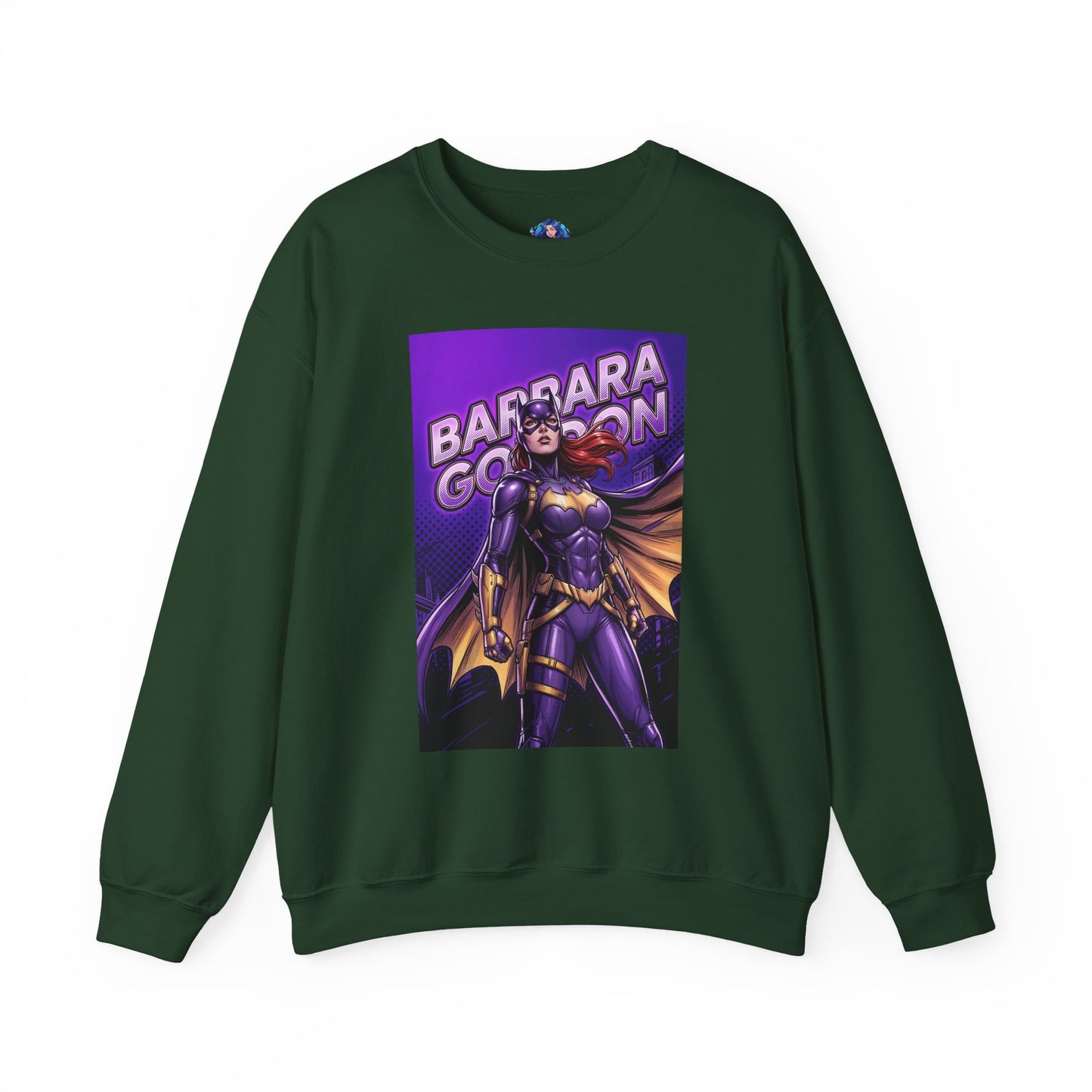Batgirl Sweatshirt, DC Comics Crewneck, Gotham Hero Fan Apparel — green crewneck with purple-and-gold Batgirl illustration of Barbara Gordon, comic-style confident pose