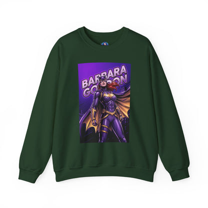 Batgirl Sweatshirt, DC Comics Crewneck, Gotham Hero Fan Apparel — green crewneck with purple-and-gold Batgirl illustration of Barbara Gordon, comic-style confident pose