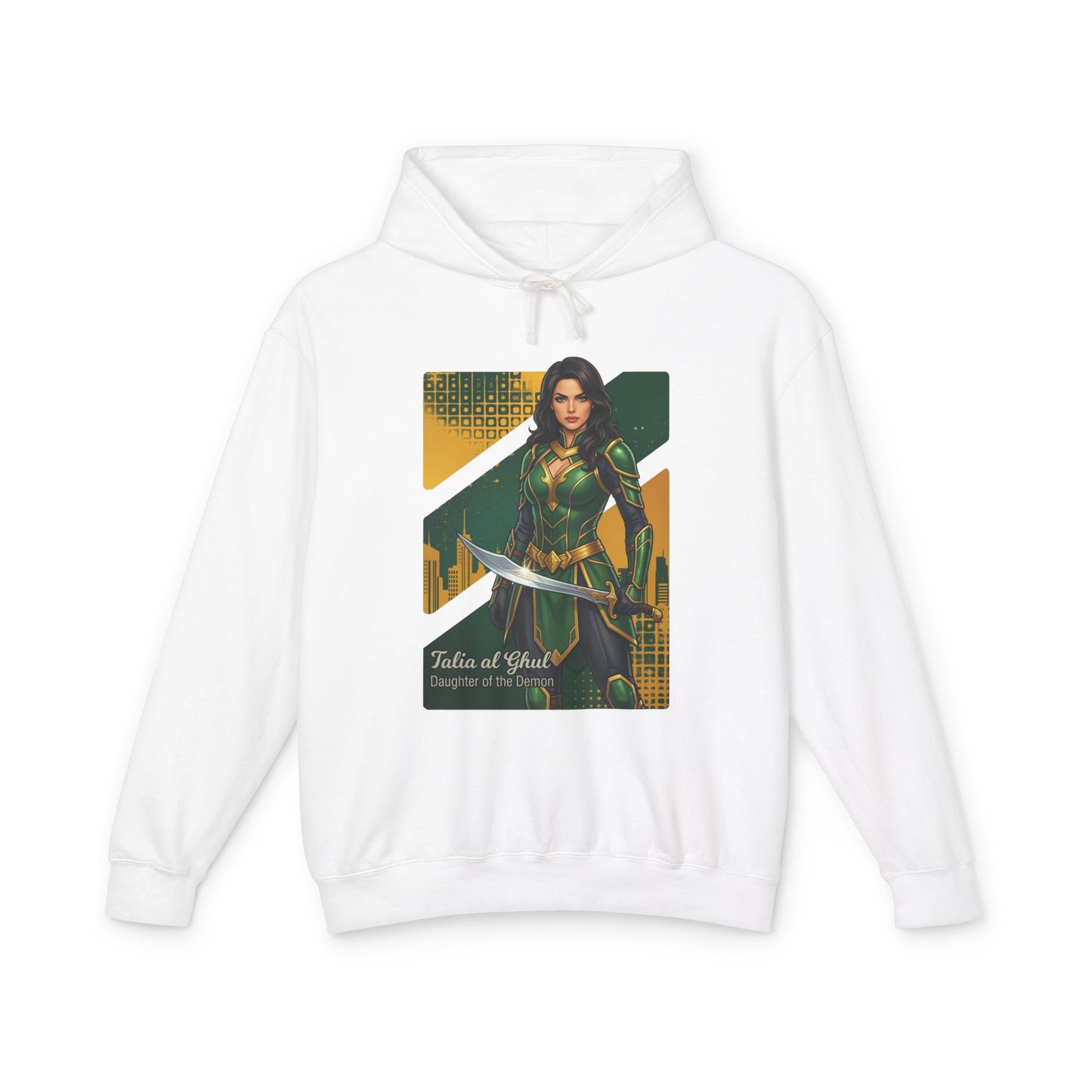 Talia al Ghul Hoodie | DC Comics Hoodie | Anime Assassin Warrior Pullover white cotton hoodie with anime-style Talia al Ghul wielding blade