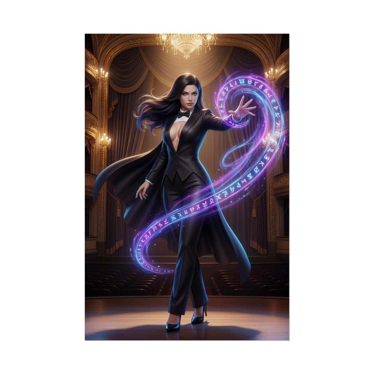 Zatanna Poster, DC Comics Art Print  Magical Heroine Wall Art showing Zatanna casting glowing runes on a theater stage