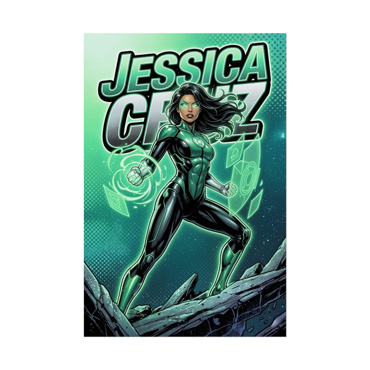 Jessica Cruz Poster / Jessica Cruz Wall Art / Jessica Cruz Art Print / DC Poster  dynamic Jessica Cruz Green Lantern poster with glowing emerald energy and heroic stance