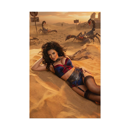 Fallout Pinup Woman Poster / Fallout Pinup Wall Art / Fallout Pinup Art Print / Fallout Poster - retro-futuristic pinup woman reclining in desert with robotic scorpions