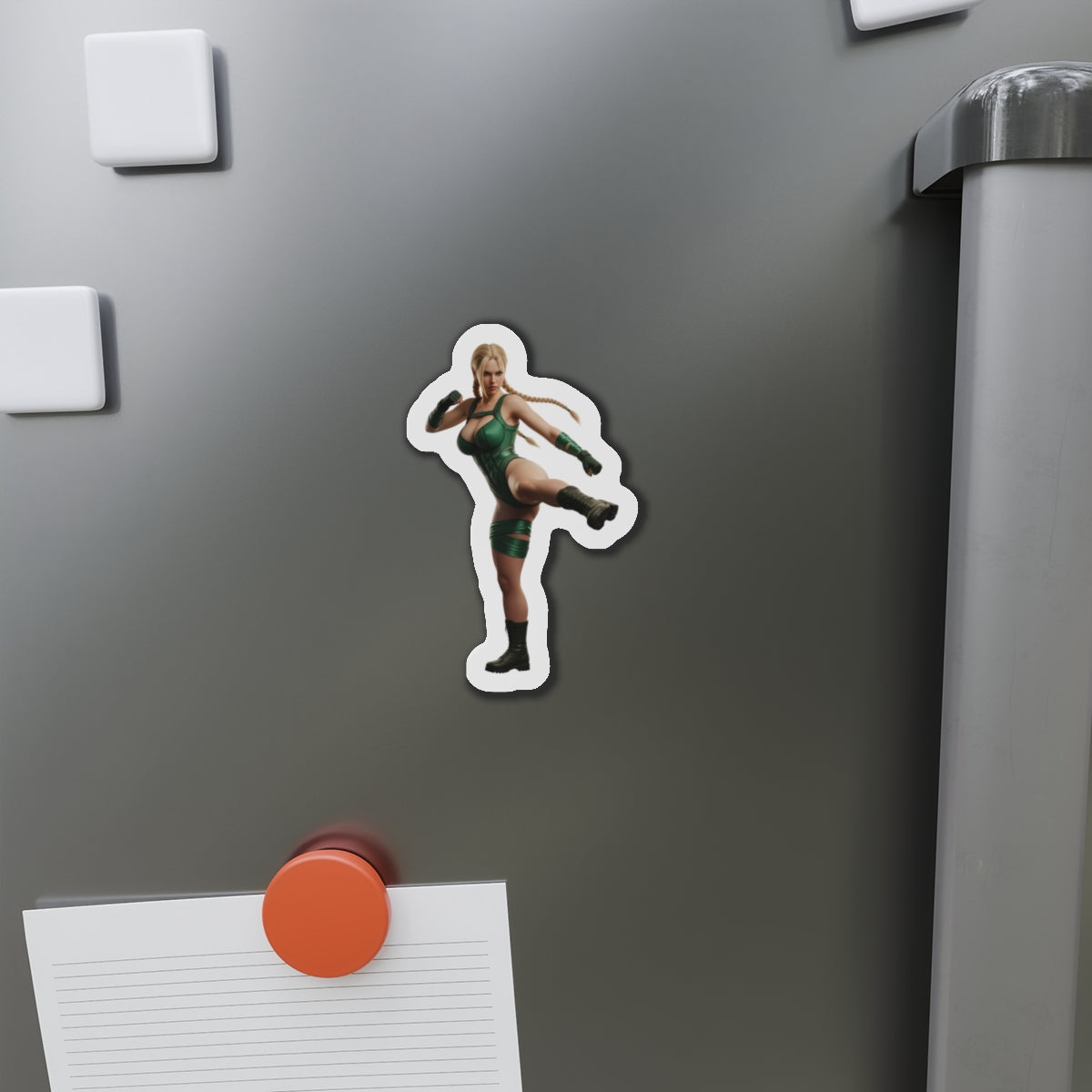 Cammy White Magnet – Street Fighter Anime Heroine Fridge Magnet, Game Decor — die-cut vinyl fridge magnet of Cammy in green outfit