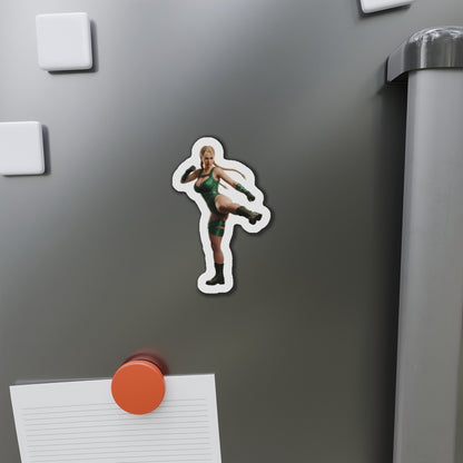 Cammy White Magnet – Street Fighter Anime Heroine Fridge Magnet, Game Decor — die-cut vinyl fridge magnet of Cammy in green outfit