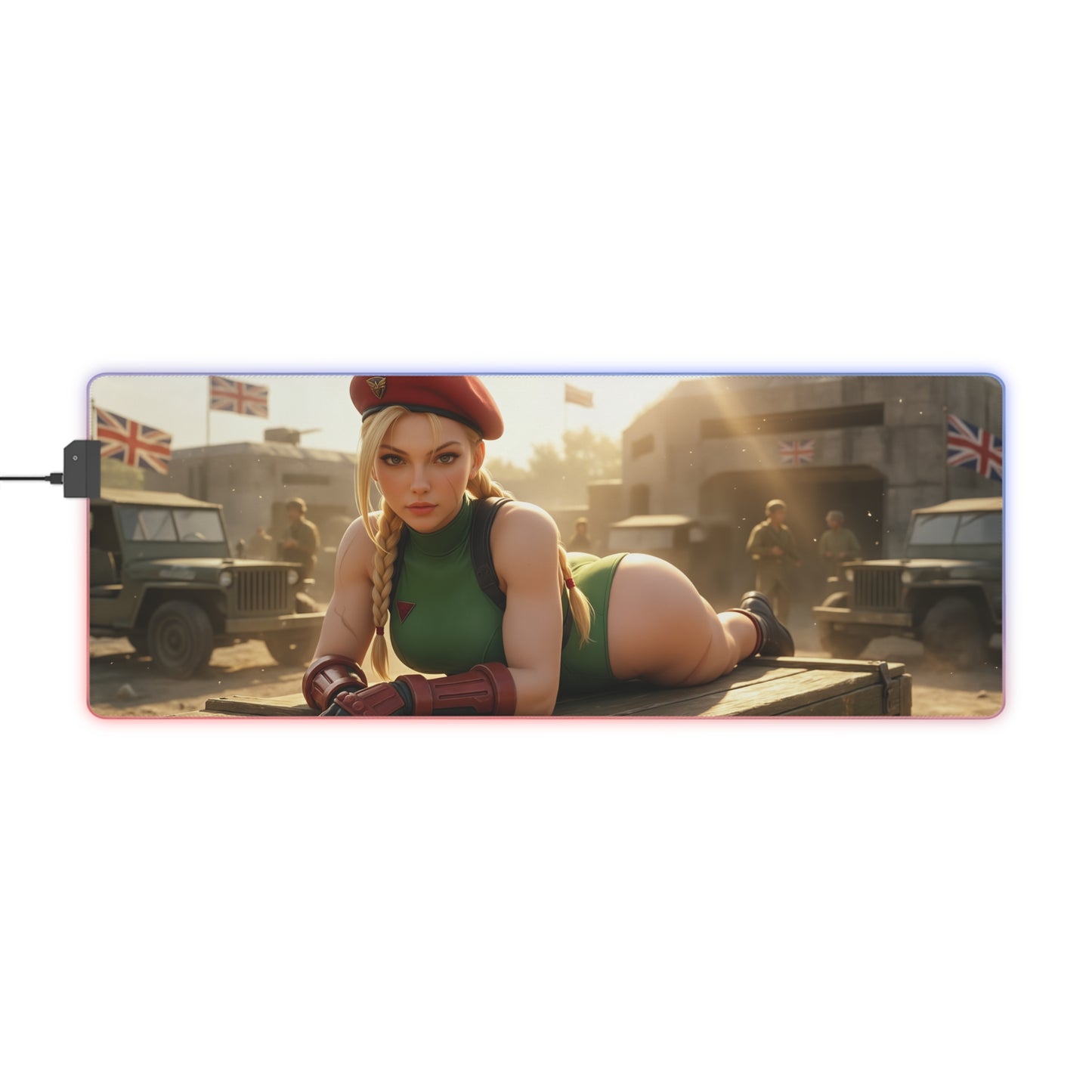 Cammy White Desk Mat – LED RGB Pad, Waifu Fighter Anime Girl Setup featuring seductive Cammy pose on precision-cloth RGB gaming pad with military backdrop