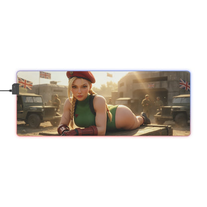 Cammy White Desk Mat – LED RGB Pad, Waifu Fighter Anime Girl Setup featuring seductive Cammy pose on precision-cloth RGB gaming pad with military backdrop