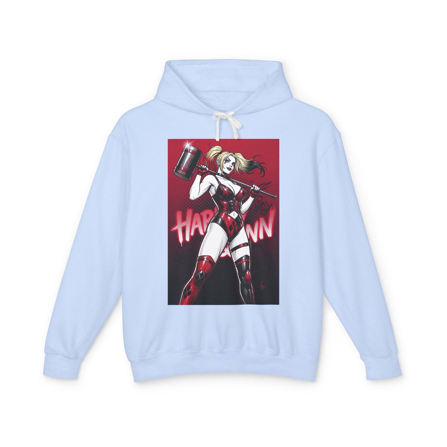 Harley Quinn Hoodie | DC Villain Hoodie | Chaos Queen Pullover - light blue streetwear hoodie featuring Harley Quinn graphic with mallet