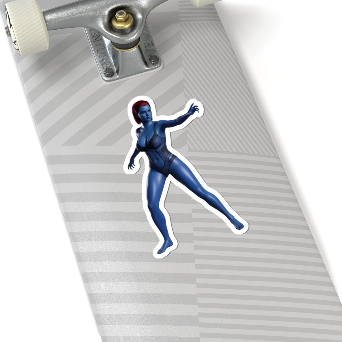 Mystique Sticker – Comic Character Vinyl Sticker for Laptops & Indoor Decor on skateboard, glossy blue comic-style character vinyl sticker applied smoothly
