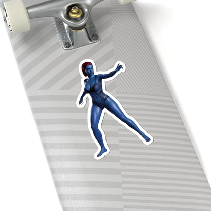 Mystique Sticker – Comic Character Vinyl Sticker for Laptops & Indoor Decor on skateboard, glossy blue comic-style character vinyl sticker applied smoothly