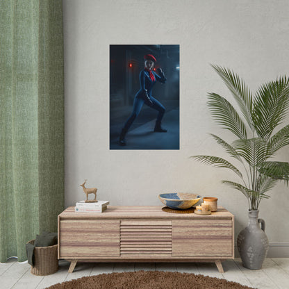 Juli Poster, Street Fighter Art Print – Iconic Fighting Game Heroine hanging in modern room, vivid semi-gloss print of assassin-style heroine in dynamic pose