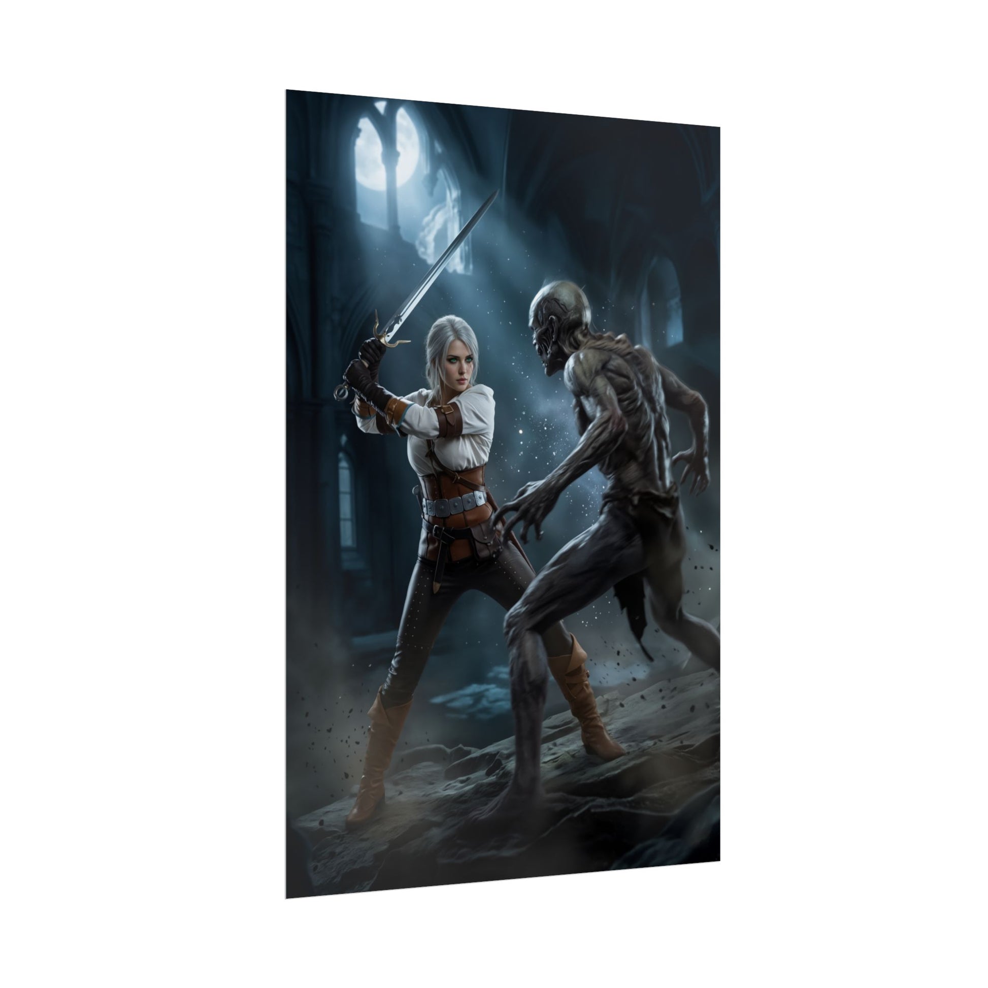 Ciri Poster, The Witcher Art Print, Iconic Warrior Character Wall Decor – dynamic Ciri battling a monster in moody gothic interior