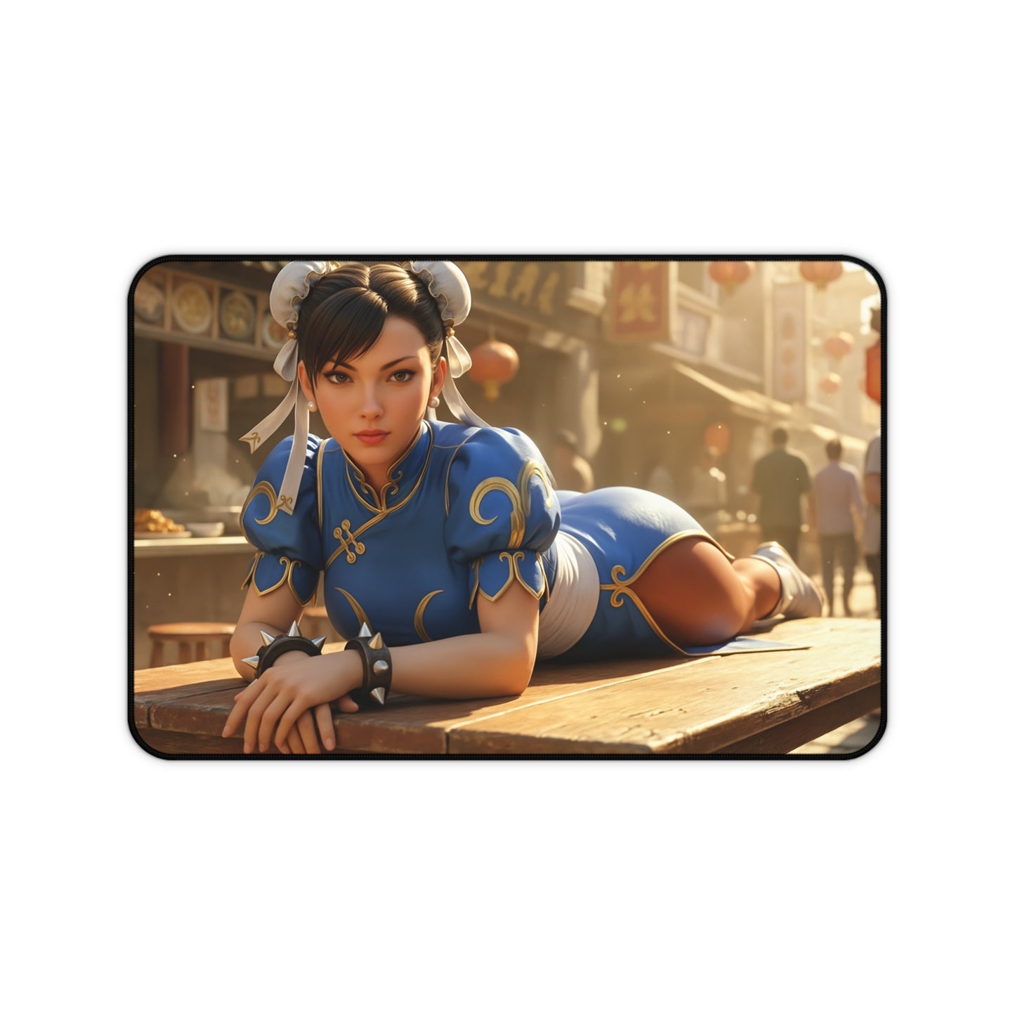 Chun-Li Gaming Mouse Pad, Street Fighter Desk Mat, Anime Martial Artist Setup featuring Chun-Li in blue qipao on a street market desk mat