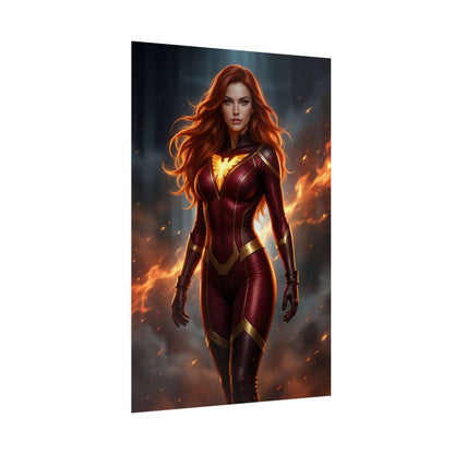 Jean Grey Poster, Marvel X-Men Art Print, Iconic Telepath Hero Wall Decor — dramatic portrait of Jean Grey in fiery Phoenix suit for gaming or comic-themed rooms
