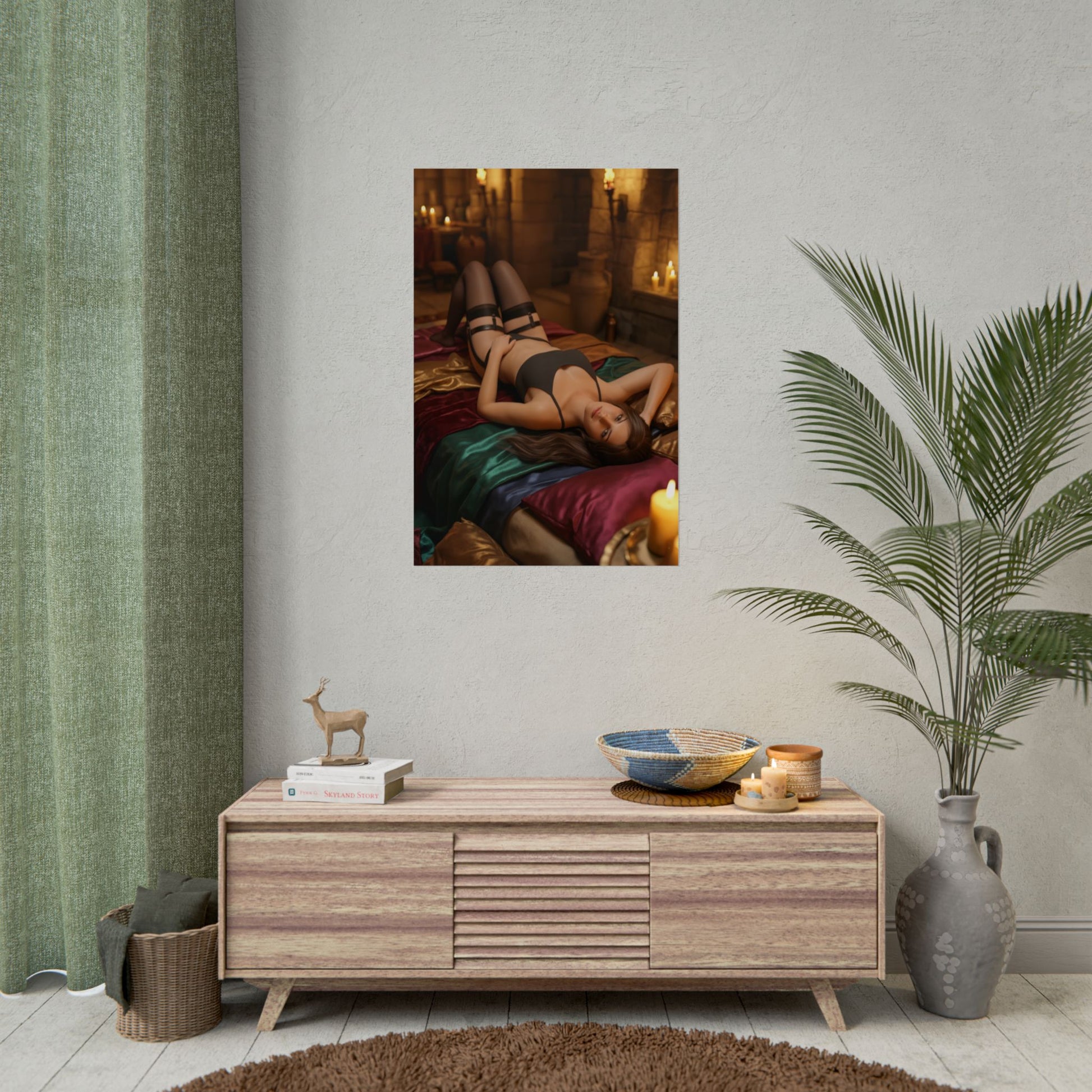 Lara Croft Poster, Tomb Raider Art Print – Classic Action Game Wall Art framed on living room wall above console, gaming decor