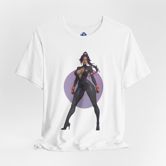Yoruichi Shihouin T-Shirt | Anime Tee for Bleach Fans & Collectors — white Bella Canvas tee with purple-toned Yoruichi illustration