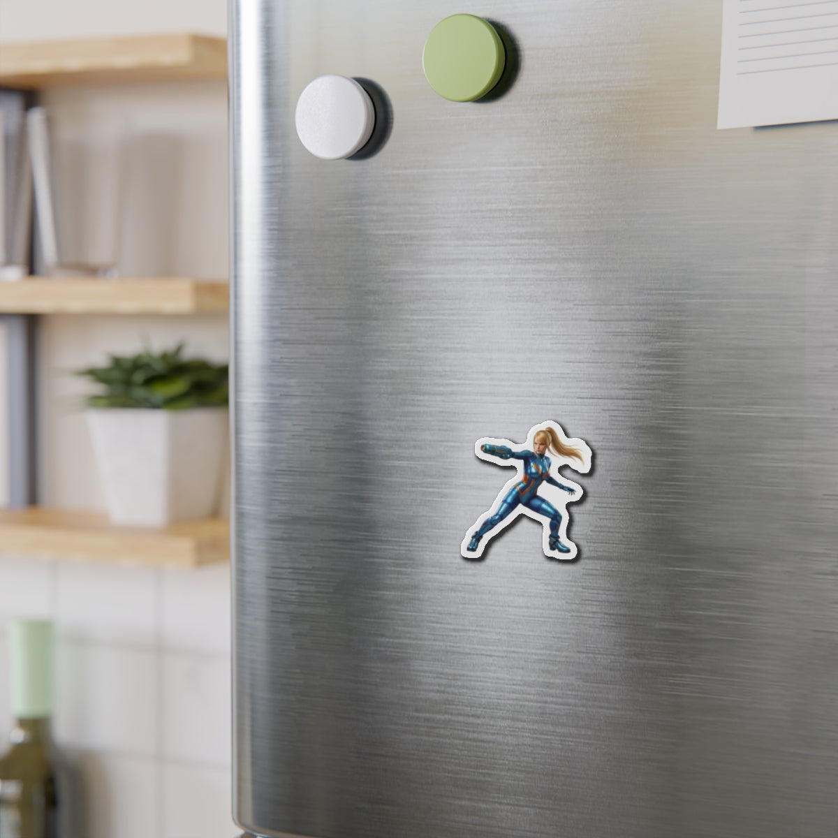 Samus Aran Magnet – Classic Sci-Fi Game Character Fridge Magnet, Decor showing die-cut vinyl magnet of Samus Aran on stainless steel fridge