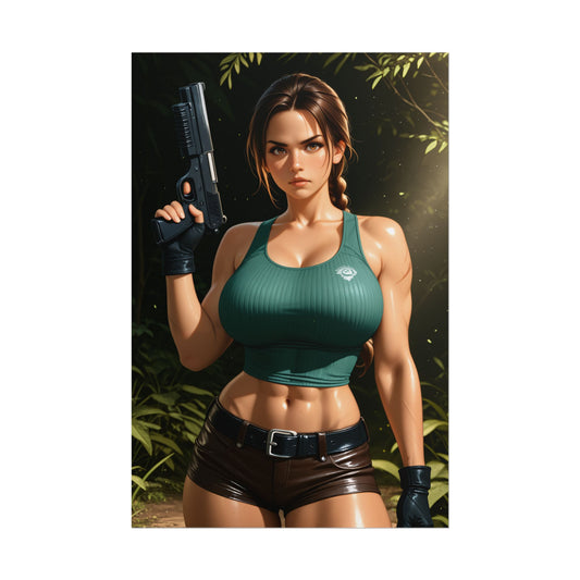 Lara Croft Poster, Adventure Anime Girl Art Print, Waifu Explorer Wall Decor — cinematic waifu-style Lara Croft with gun, toned explorer in jungle setting