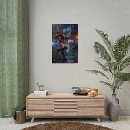 Harley Quinn Poster, DC Art Print – Iconic Comic Anti-Heroine Wall Art showing vibrant high-res character art in modern living room