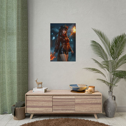 Hu Tao Poster, Genshin Impact Art Print – Iconic Pyro Heroine Wall Art centered above modern console in gamer room decor