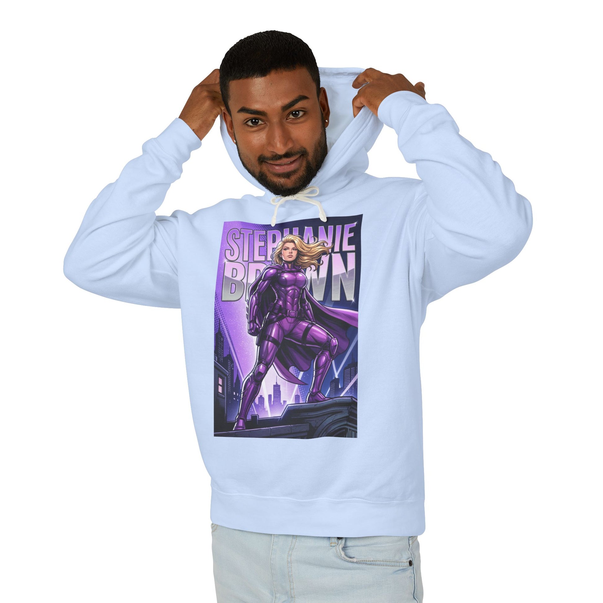 Stephanie Brown Hoodie | DC Superhero Hoodie | Spoiler Legacy Pullover - man wearing light blue hoodie with bold purple Stephanie Brown graphic