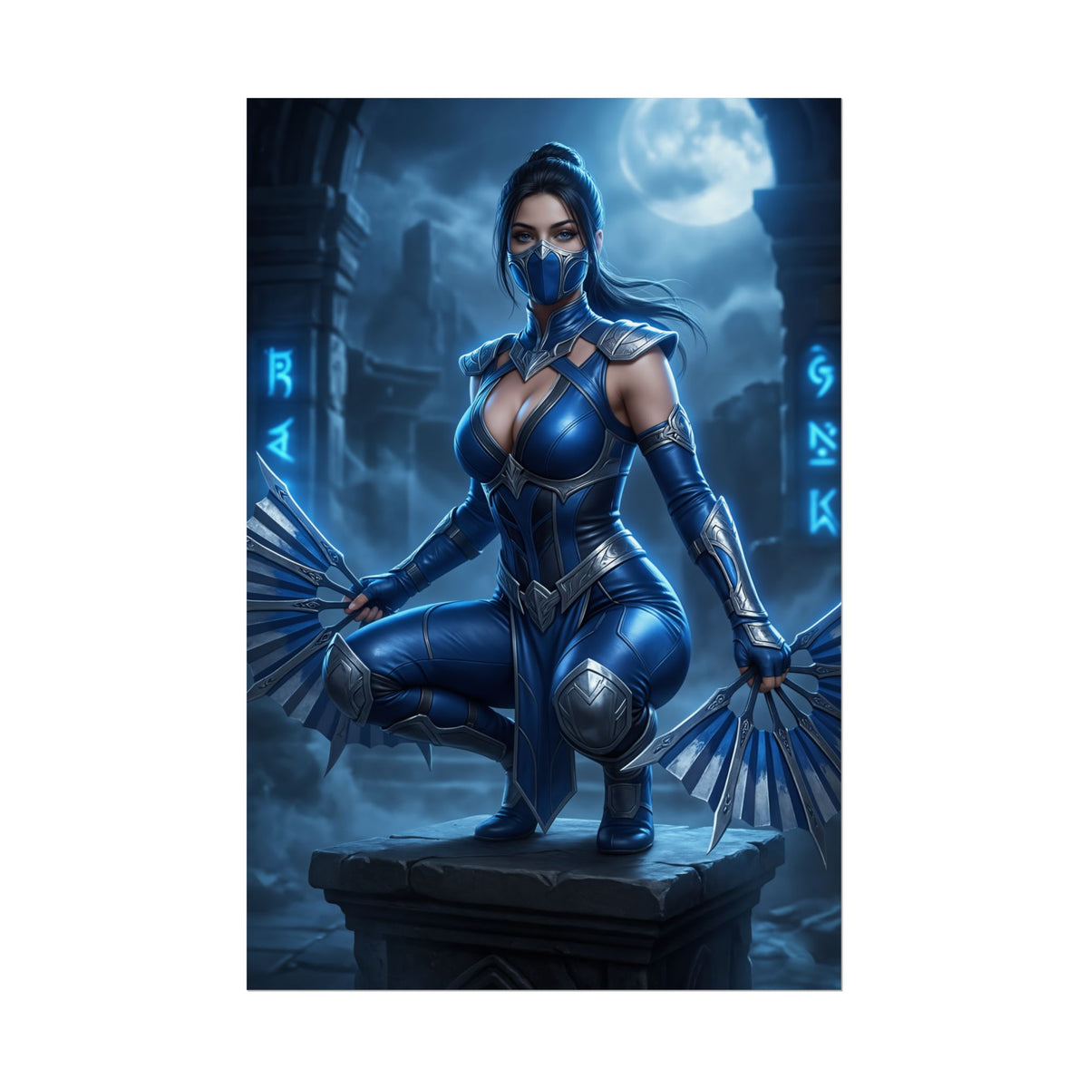 Kitana Mortal Kombat Poster  Iconic Fighting Game Heroine Wall Art, blue-clad warrior with fans in moonlit temple