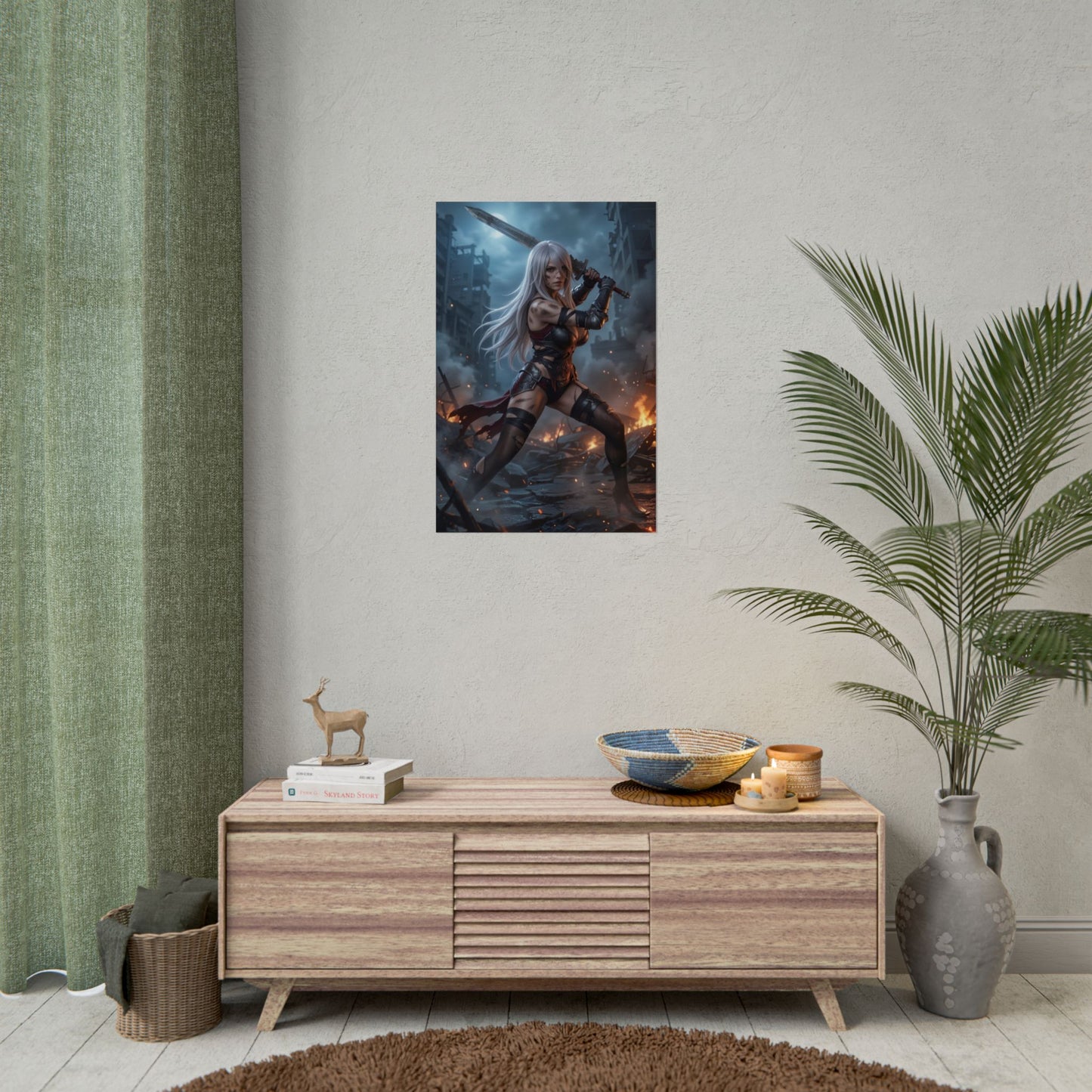 A2 Poster, NieR Automata Art Print – Sci-Fi RPG Heroine Wall Decor featuring dark sci‑fi warrior character in gaming room decor