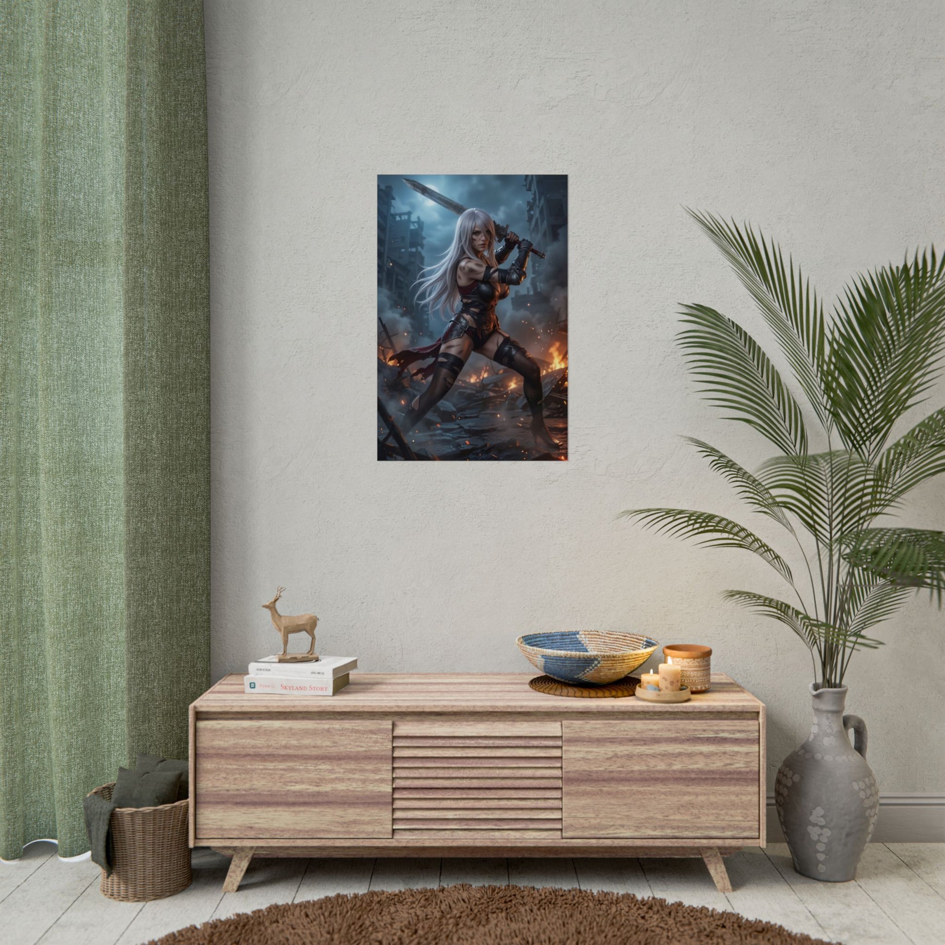 A2 Poster, NieR Automata Art Print – Sci-Fi RPG Heroine Wall Decor featuring dark sci‑fi warrior character in gaming room decor
