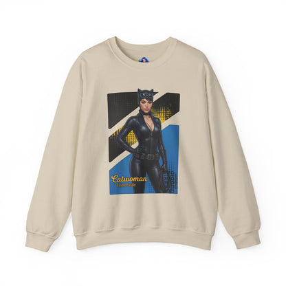 Catwoman Sweatshirt, DC Comics Crewneck, Sleek Superhero Apparel for Fans — beige crewneck with Catwoman graphic and sleek black costume