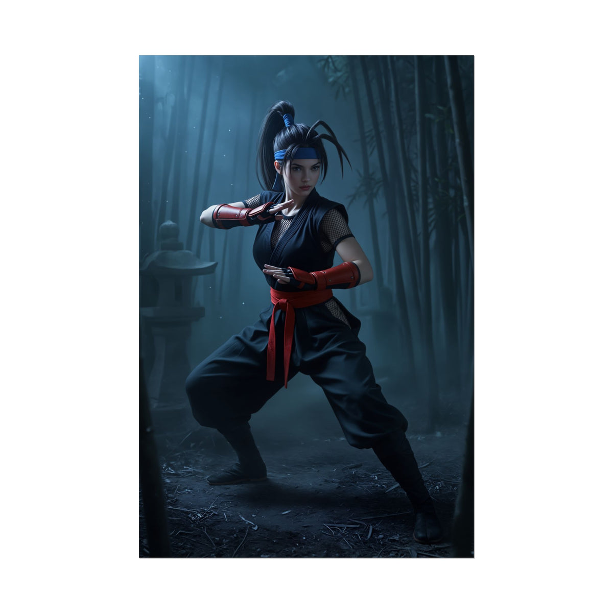 Ibuki Poster, Street Fighter Art Print  Iconic Ninja Heroine Wall Art featuring dynamic ninja pose in a misty bamboo forest, ultra-high resolution print