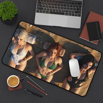 Ciri Triss Yennefer Gaming Mouse Pad, Witcher Desk Mat, Fantasy Heroine Setup — HD trio heroine beach artwork on premium gaming desk mat
