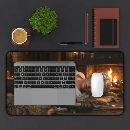 Ciri Gaming Mouse Pad, Witcher Desk Mat, Fantasy Heroine Gaming Setup - high-def heroine art desk mat with laptop and mouse on cozy fireplace scene